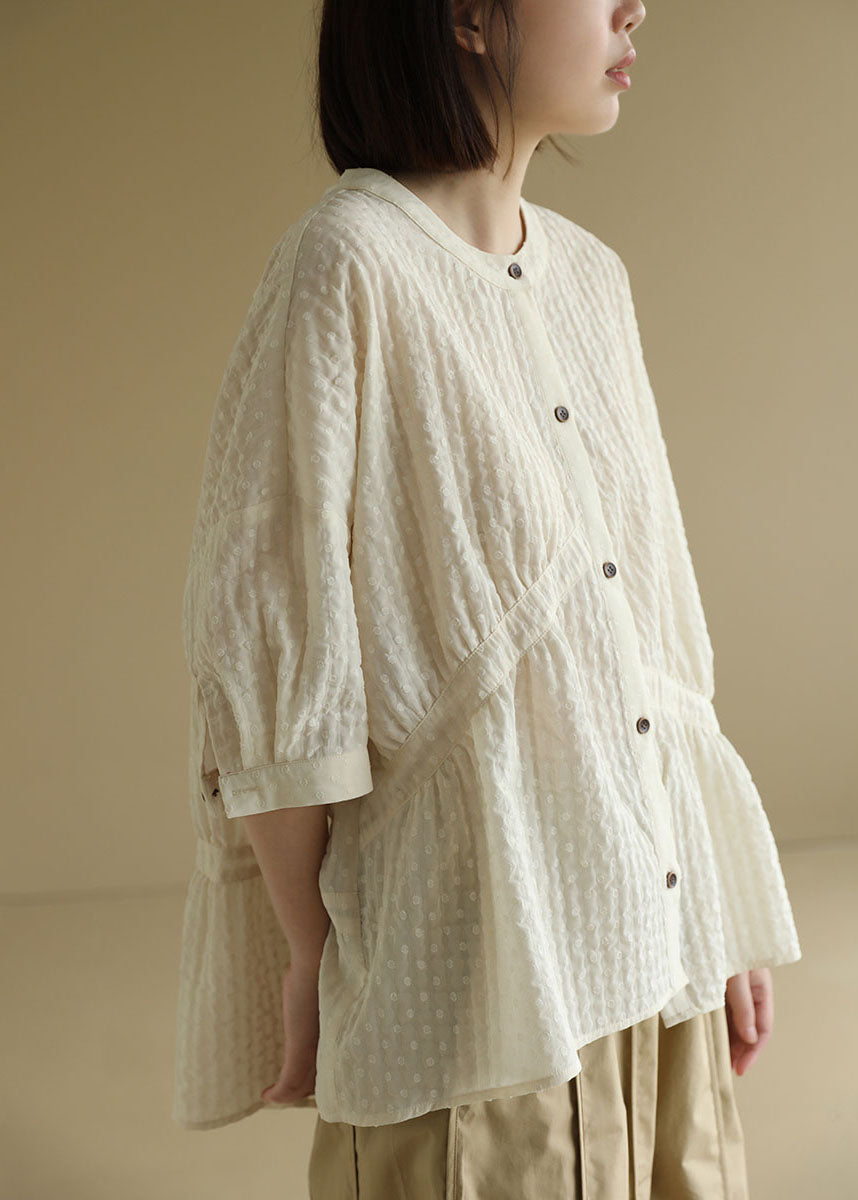 Beige O-neck Oversized Wrinkled Shirt Top Bracelet Sleeve