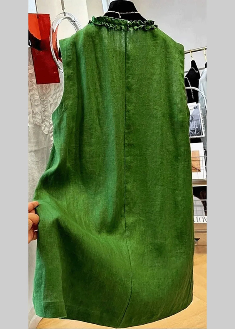 Green Ruffled Button Cotton Mid Dress Sleeveless