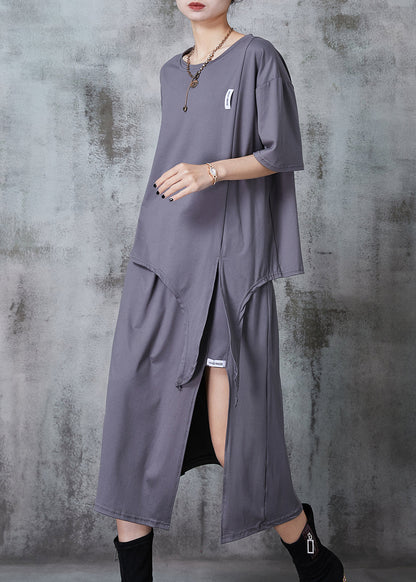 Grey Asymmetrical Side Open Cotton Two Pieces Set Summer