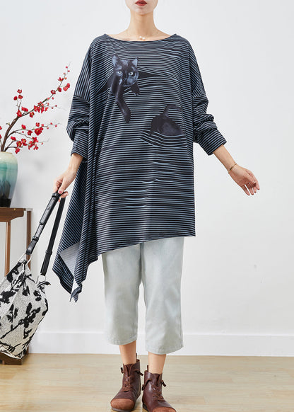 Black Asymmetrical Striped Cotton Blouses Fall