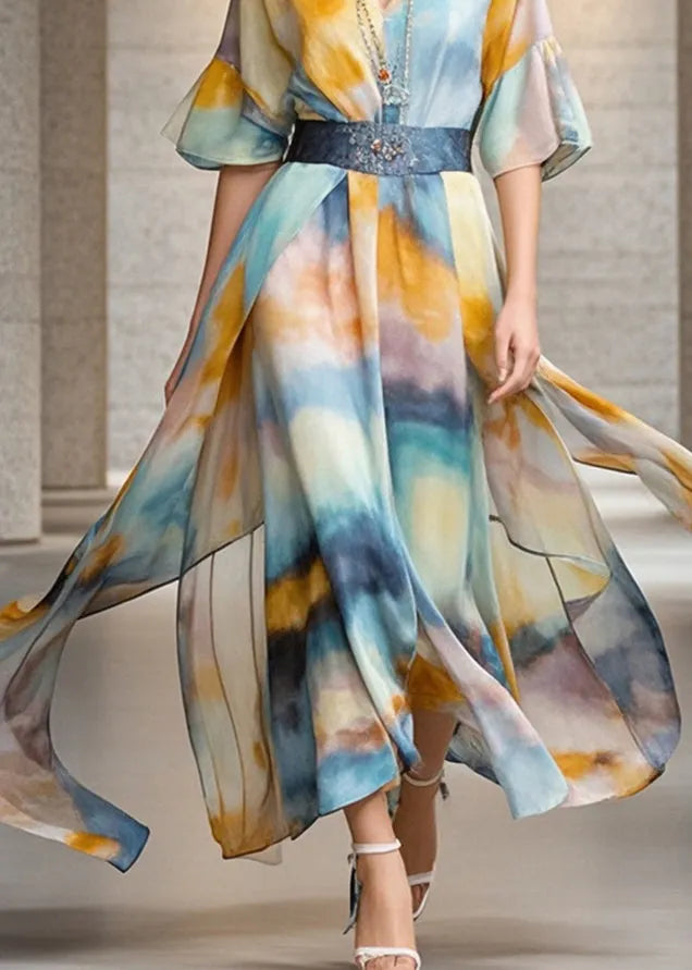 Khaki Cinched Tie Dye Chiffon Vacation Dresses Summer
