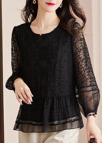 Simple Black O-neck Embroideried Patchwork Ruffled Large Hem Silk Top Long Sleeve