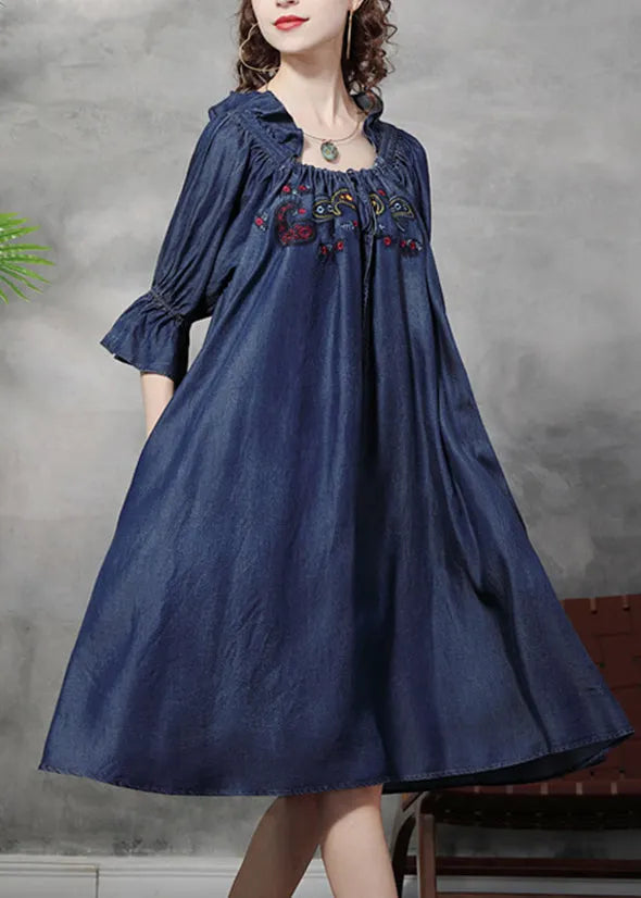 Simple Denim Blue Wrinkled Ruffled Embroideried Cotton Silk Dress Lantern Sleeve