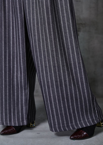 French Dull Grey Striped Cotton Wide Leg Pants Fall