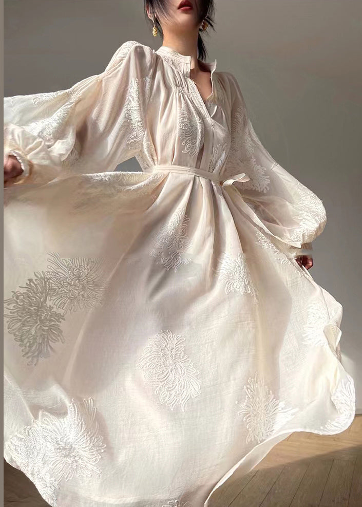 Boutique Apricot Embroideried Patchwork Chiffon Dresses Lantern Sleeve Spring