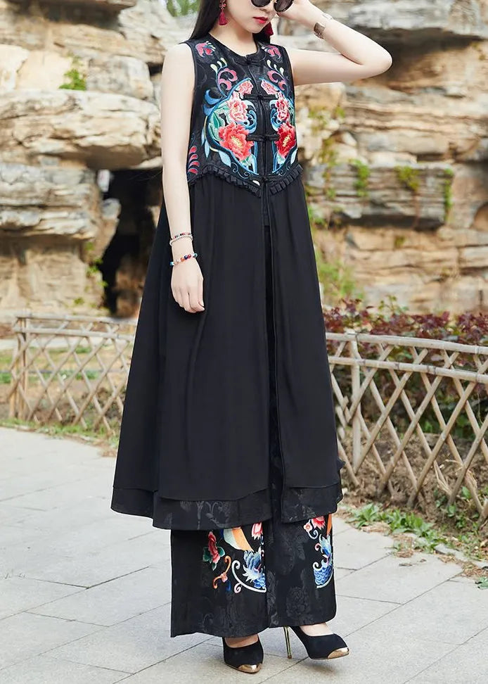 Black Embroideried Chinese Button Patchwork Silk Long Waistcoat Sleeveless