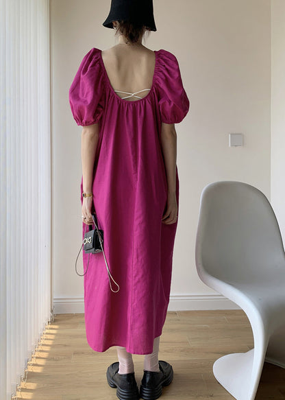 Rose Backless Patchwork Cotton Long Dresses Puff Sleeve