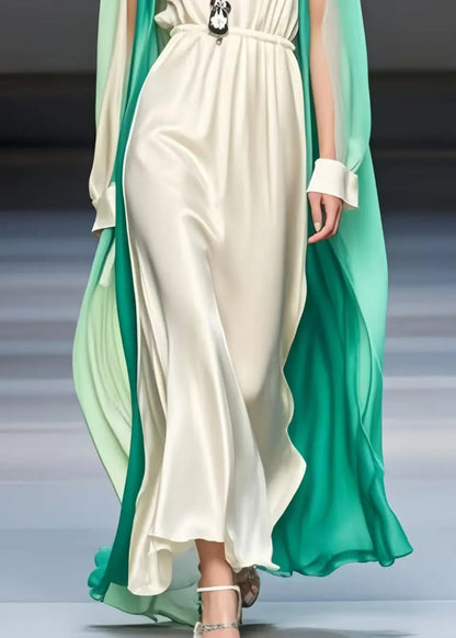 Milk White Patchwork Silk Dresses Cold Shoulder Cloak Sleeves