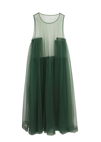 Blackish Green Tulle Long Dress Asymmetrical Exra Large Hem Sleeveless Spring