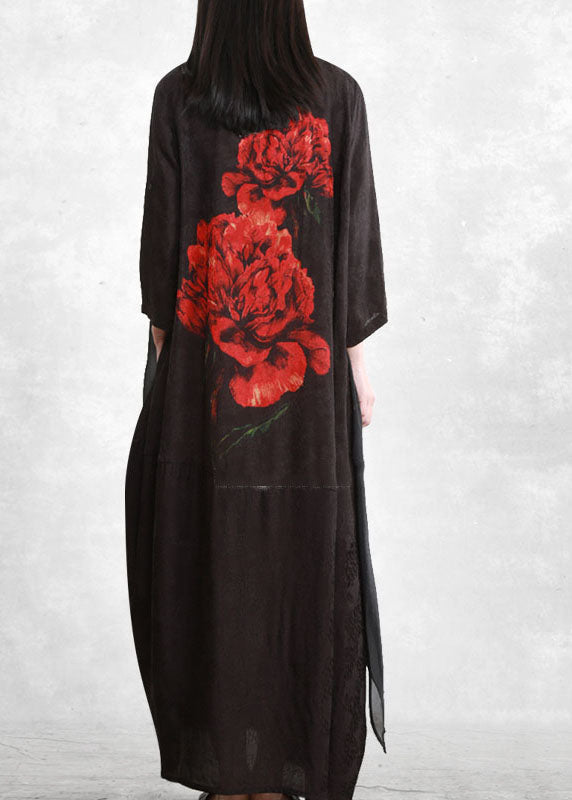 Black O-neck Asymmetrical Print Long Dresses Three Quarter Sleeve