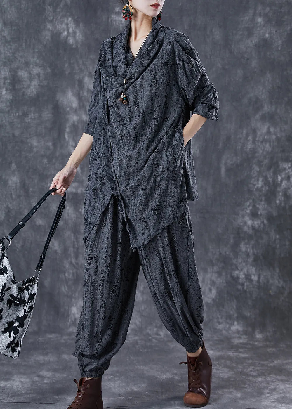Grey Asymmetrical Cotton Ripped Two Pieces Set Fall