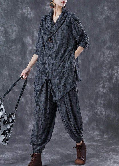 Grey Asymmetrical Cotton Ripped Two Pieces Set Fall