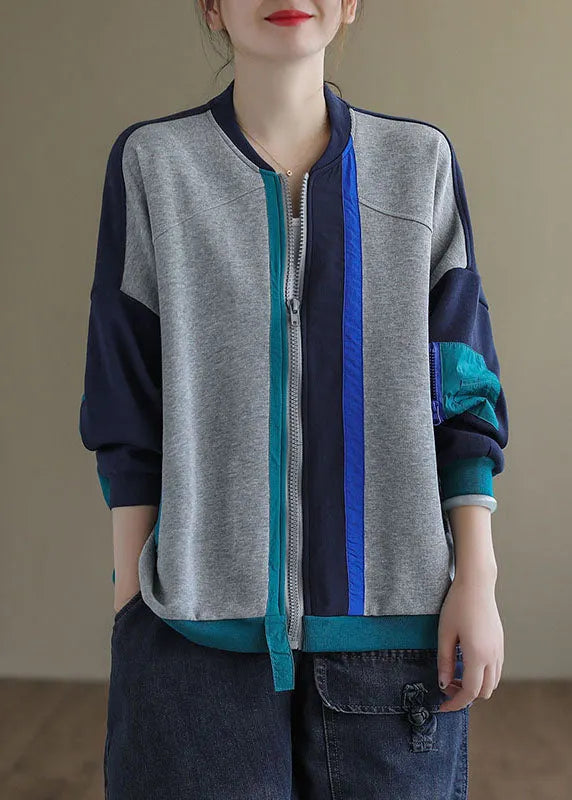Loose Rose Zippered Patchwork Pockets Spring Long Sleeve Coat