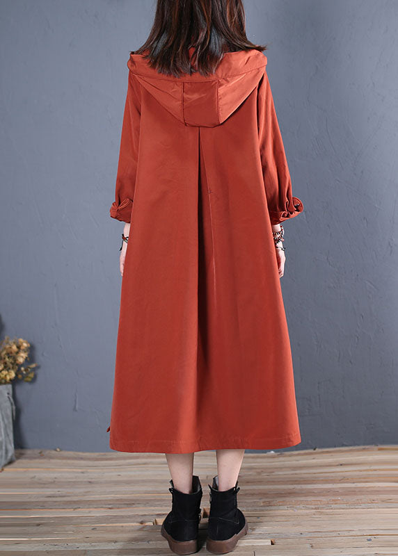 Rust Hooded Pockets Thick Cotton Trench Coats Spring