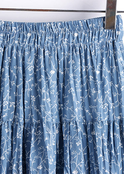 Boutique Blue Print Wrinkled Elastic Waist a Line Skirt Fall