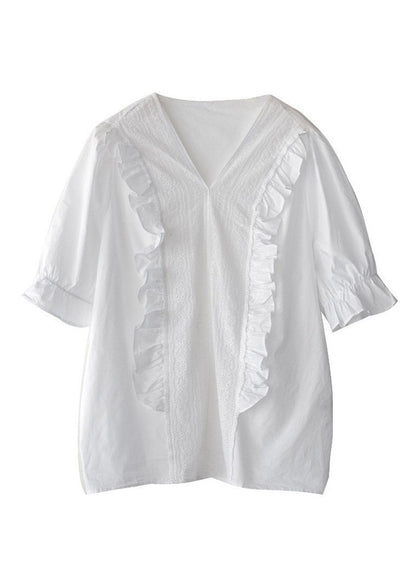 White V Neck Ruffled Linen T Shirt Half Sleeve