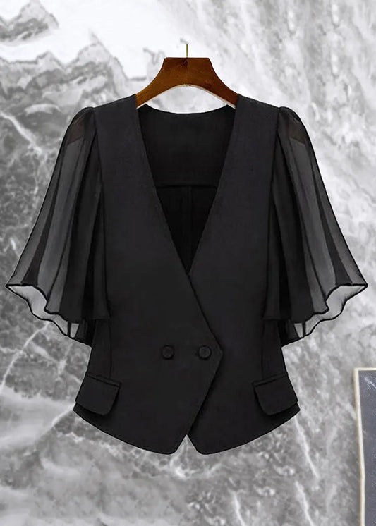 New Black V Neck Button Chiffon Patchwork Coat Butterfly Sleeve