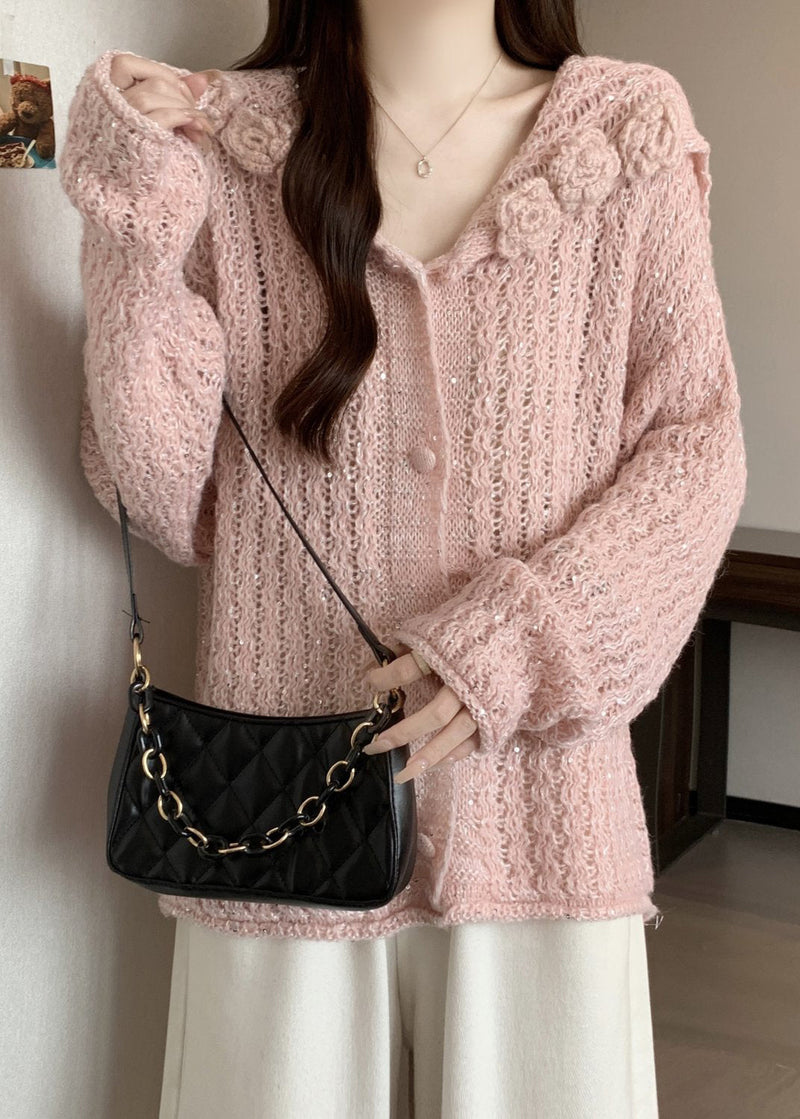 Pink Hollow Out Knitted Cardigan Fall