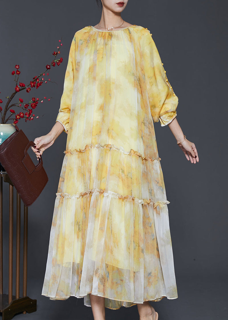 Yellow Ruffled Tie Dye Chiffon Maxi Dress Spring