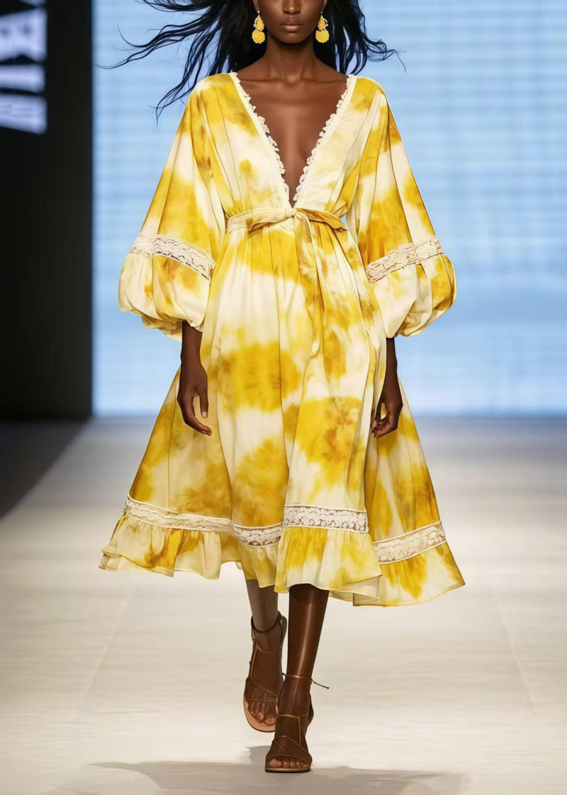 Yellow Deep-v Neck Tie Dye Chiffon Dress Lantern Sleeve