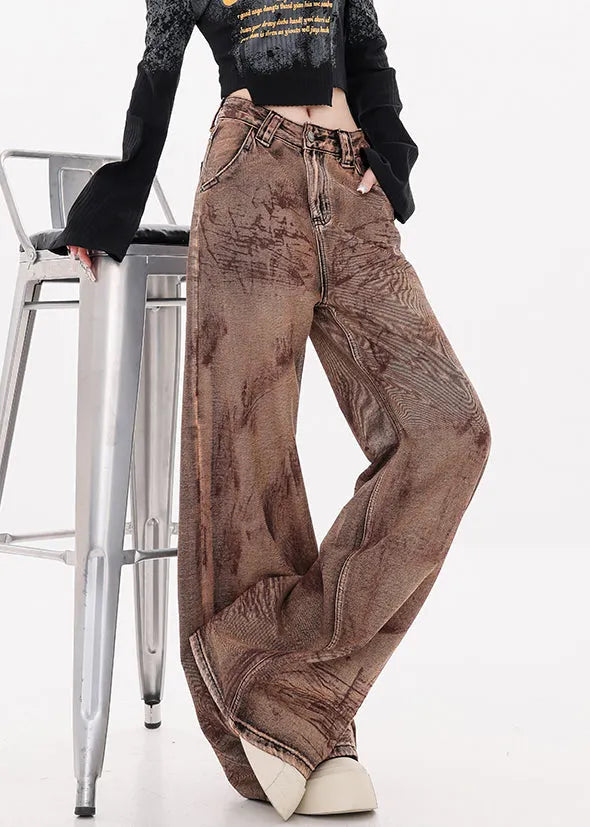 Camel Tie Dye Pockets High Waist Denim Pants Fall
