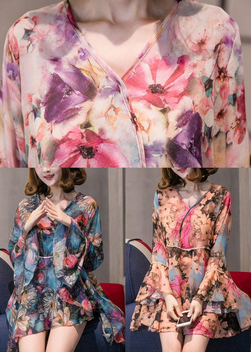 Purple Print Chiffon Blouse Top Flare Sleeve