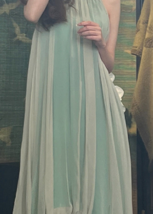 Boutique Green Halter Wrinkled Silk Dress Sleeveless Summer