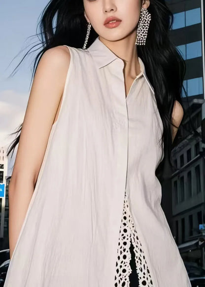 White Oversized Patchwork Lace Day Dress Sleeveless