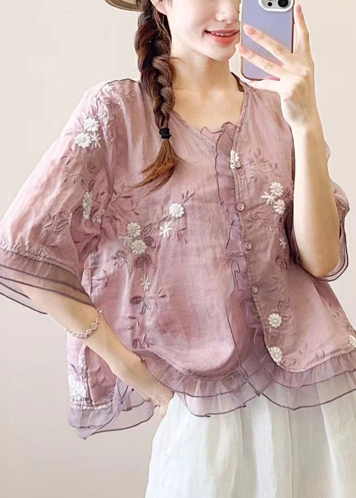Green Ruffled Embroideried Patchwork Linen Blouse Top Summer