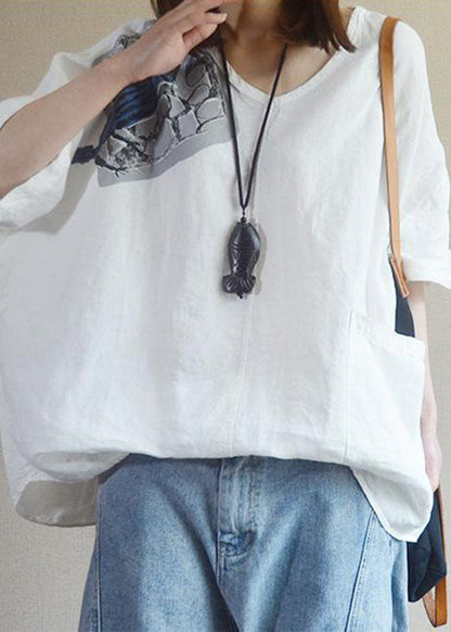 Organic White V Neck Print Asymmetrical Design Fall Half Sleeve Shirt Tops