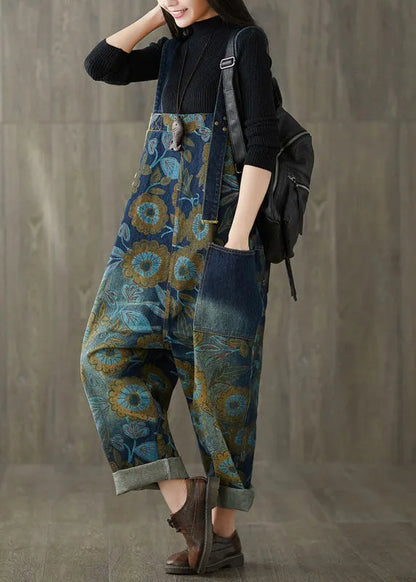 Navy Pockets Print Jeans Jumpsuit Spring