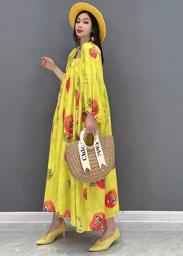 Vogue Yellow O-neck Print Chiffon Dresses Long Sleeve