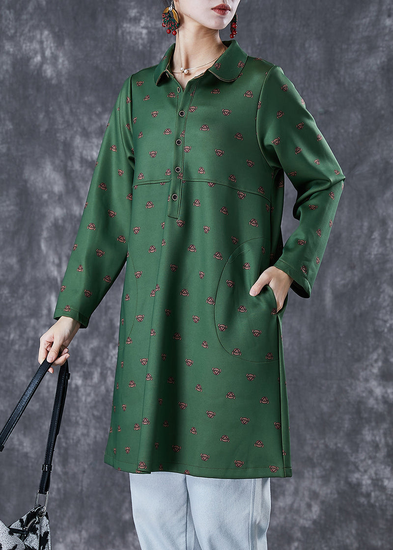 Dull Green Peter Pan Collar Print Cotton Dress Fall