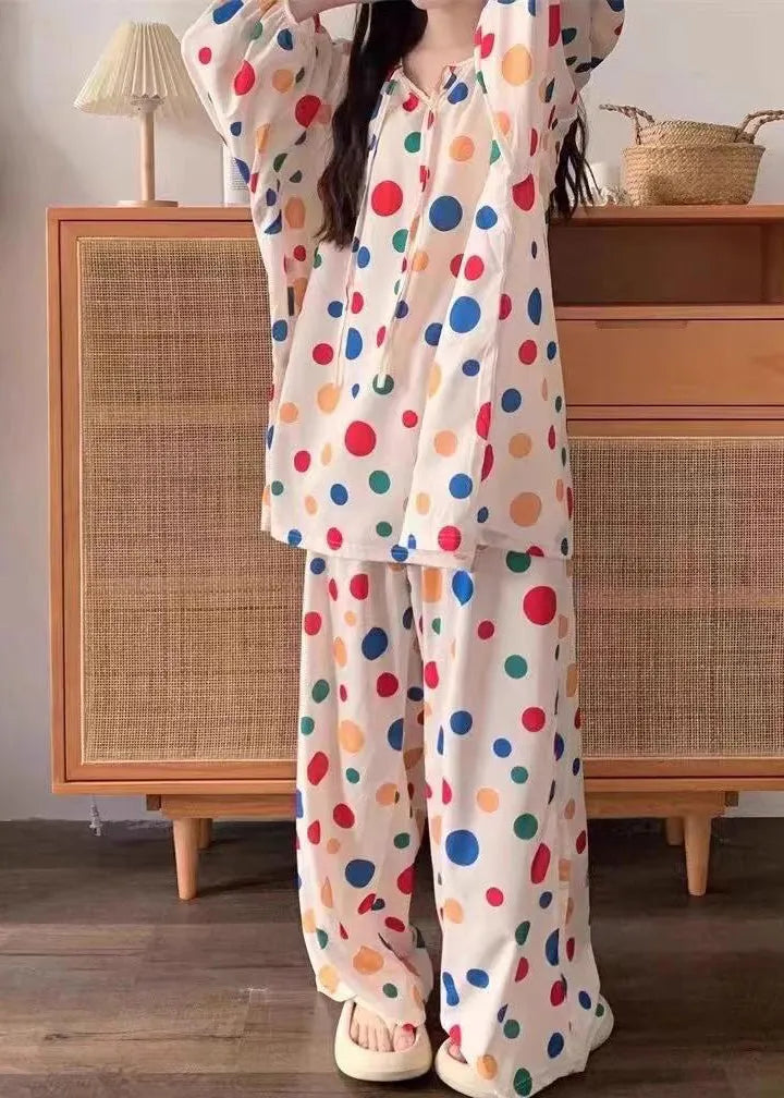 Stylish Dot Lace Up Cotton Tops and Pants Pajamas Two Pieces Set Fall