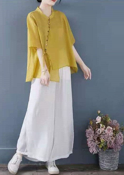 Yellow Stand Collar Asymmetrical Design Shirt Top Half Sleeve