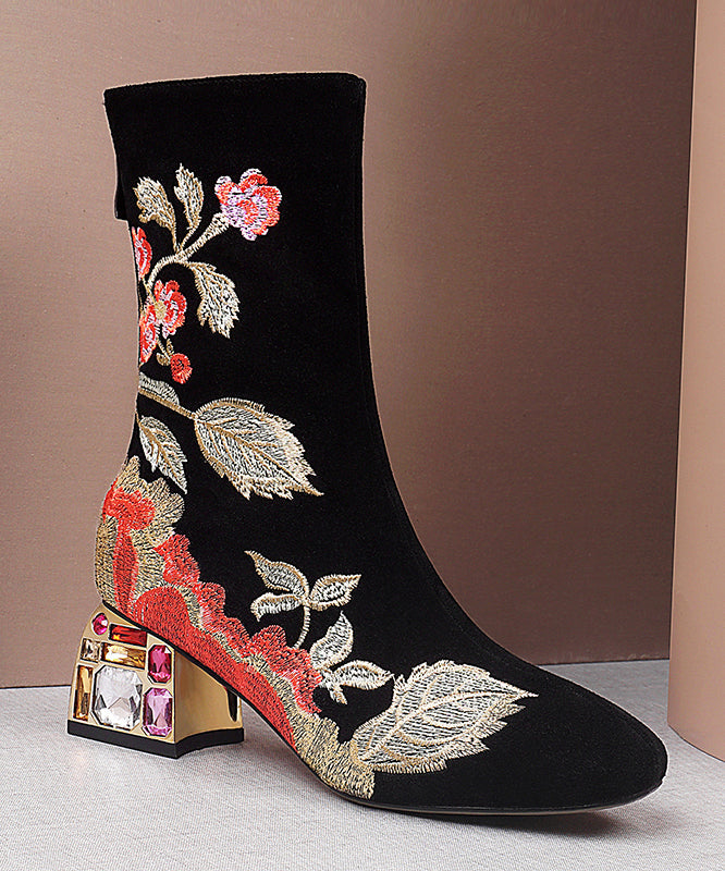 Black Zircon Embroidered Suede Chunky Boots