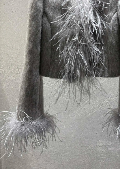 Grey Feather Patchwork Wool Coats Winter