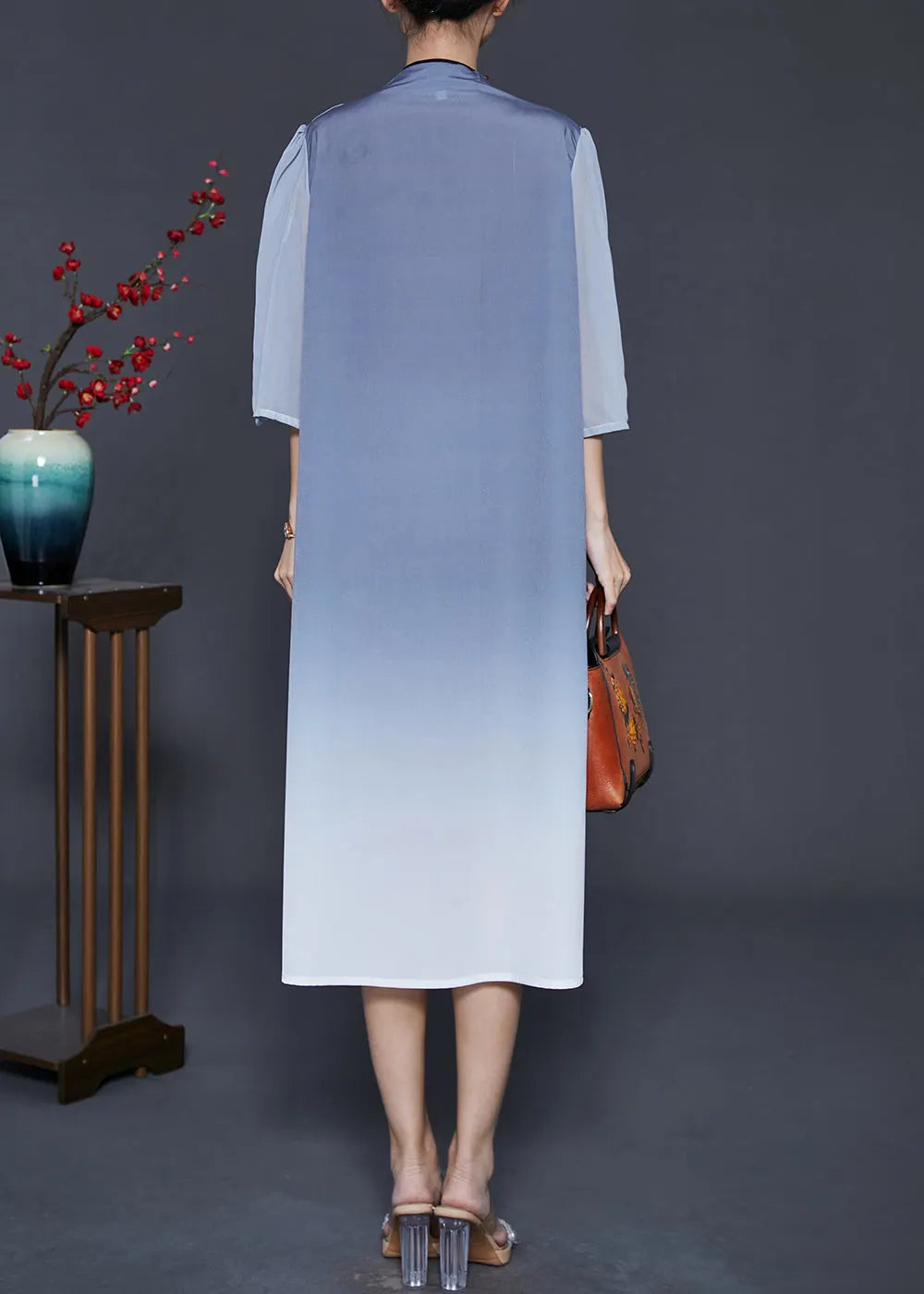 Blue Print Silk Fake Two Piece Dress Summer