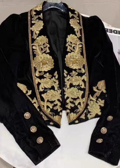Black Handmade Embroideried Velour Coats Spring