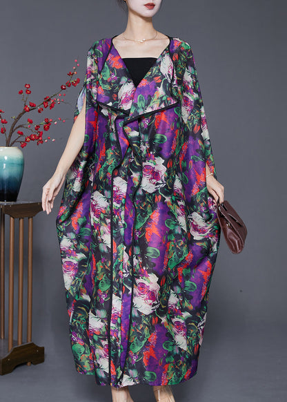 Purple Oversized Print Chiffon Long Dresses Batwing Sleeve
