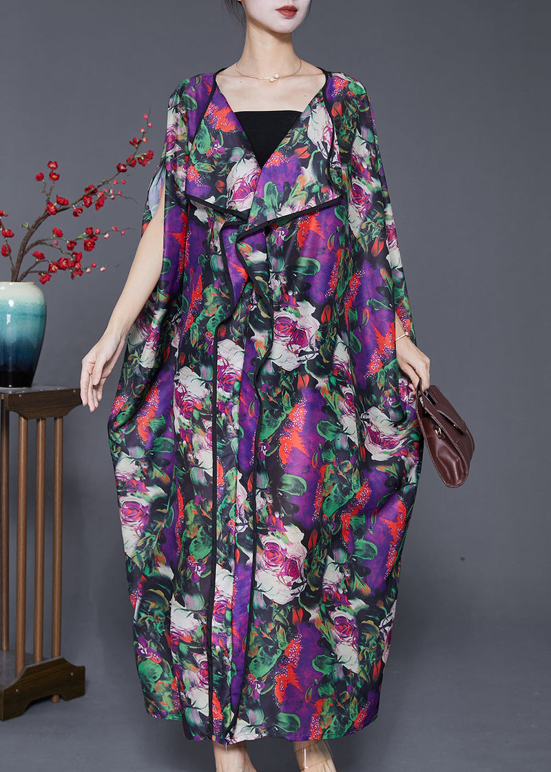 Purple Oversized Print Chiffon Long Dresses Batwing Sleeve