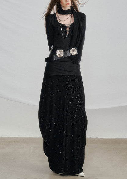 Black High Waist Cotton Two Pieces Set Hollow Out