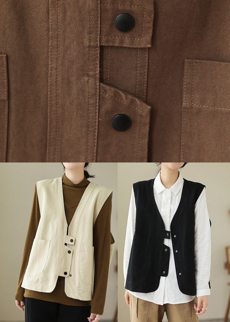 Brown V Neck Pockets Patchwork Cotton Vest Sleeveless
