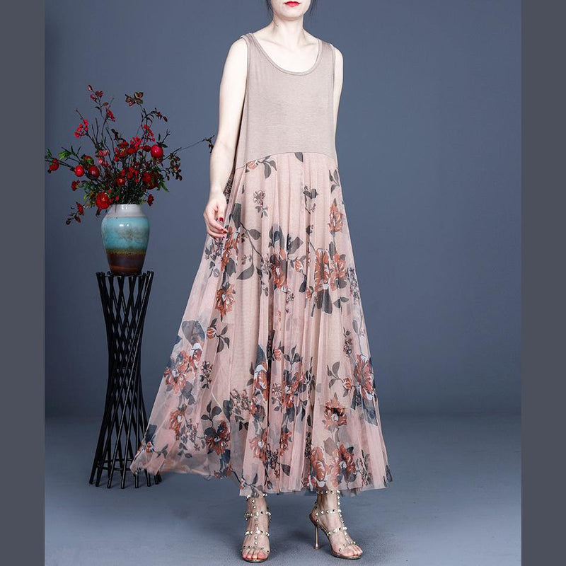Pink Print Lace Dress O-neck Sleeveless Summer Dresses