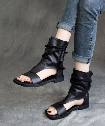 Brown Cowhide Leather Flat Sandals Boots Peep Toe Splicing Zippered