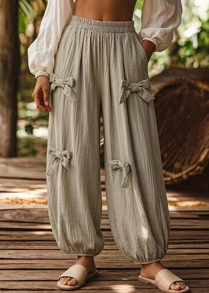 Green Pockets Bow Elastic Waist Cotton Pants Summer