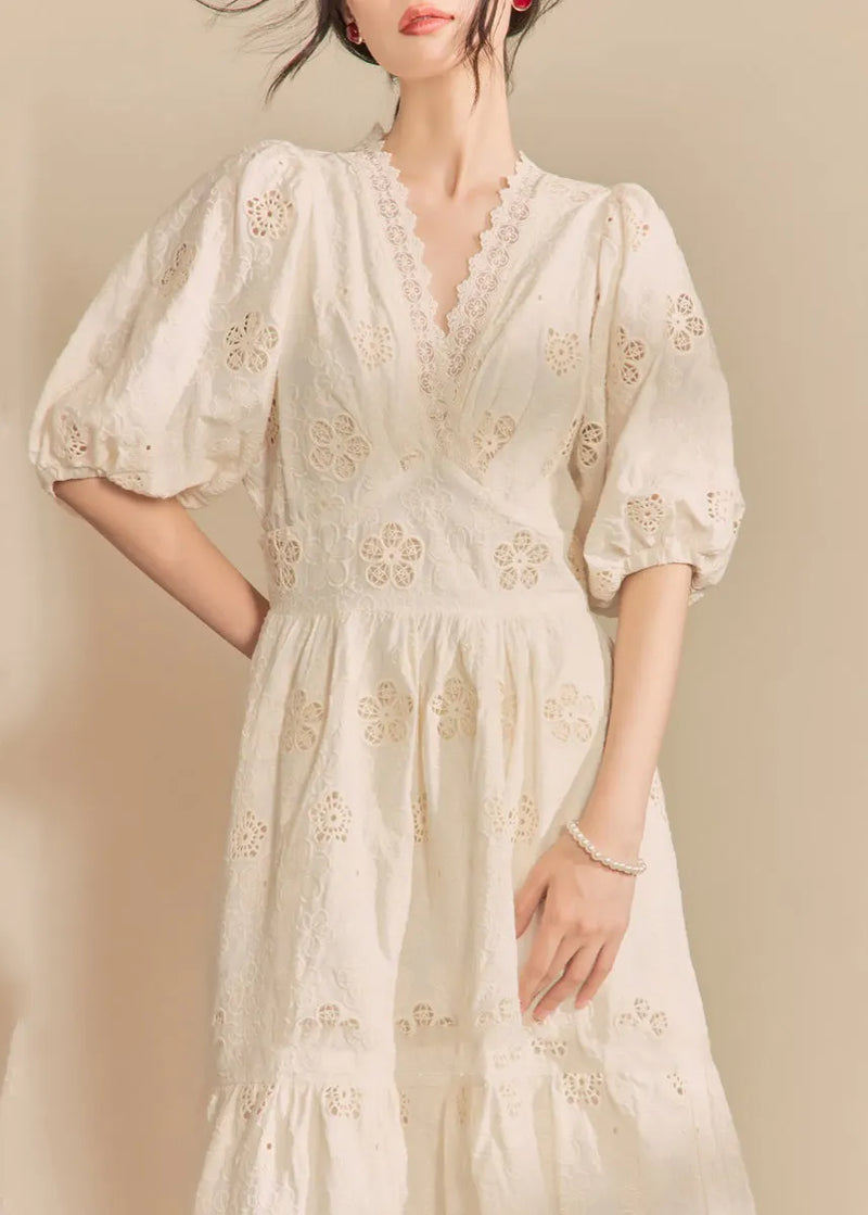 Style Beige V Neck Wrinkled Hollow Out Long Dress Summer