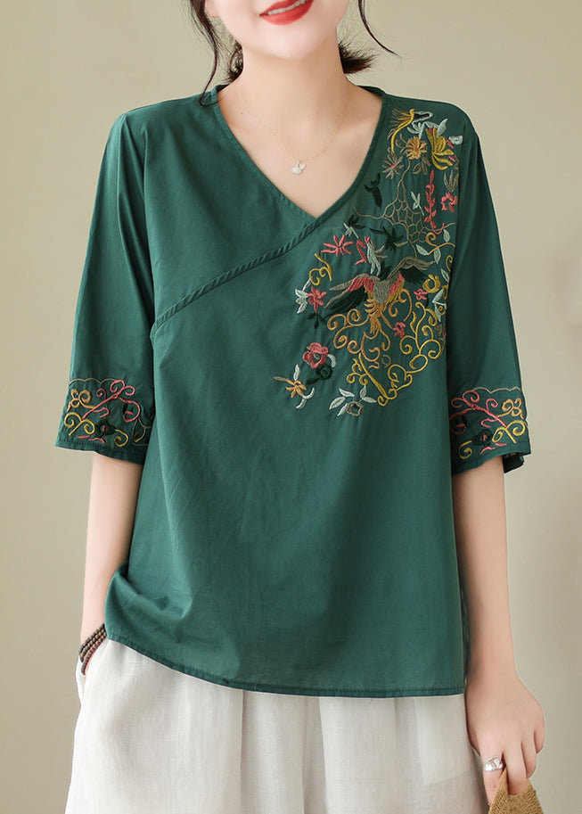 Blackish Green Embroidered Side Open Cotton Blouses Summer