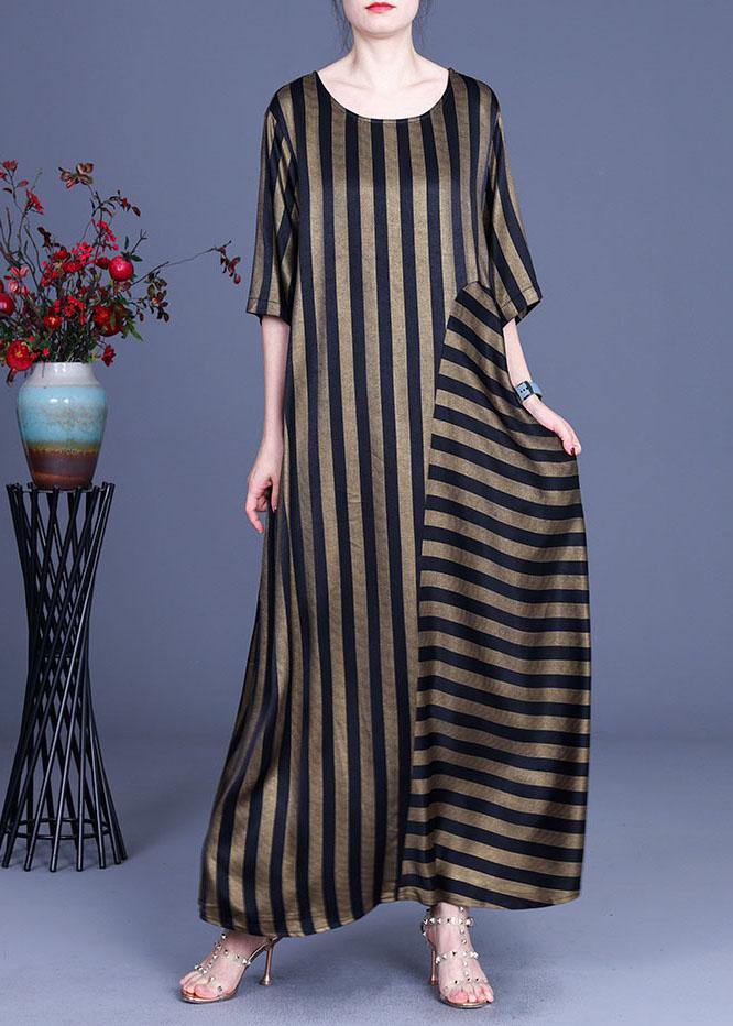 Natural Chocolate Striped O-neck Summer Silk Party Dress