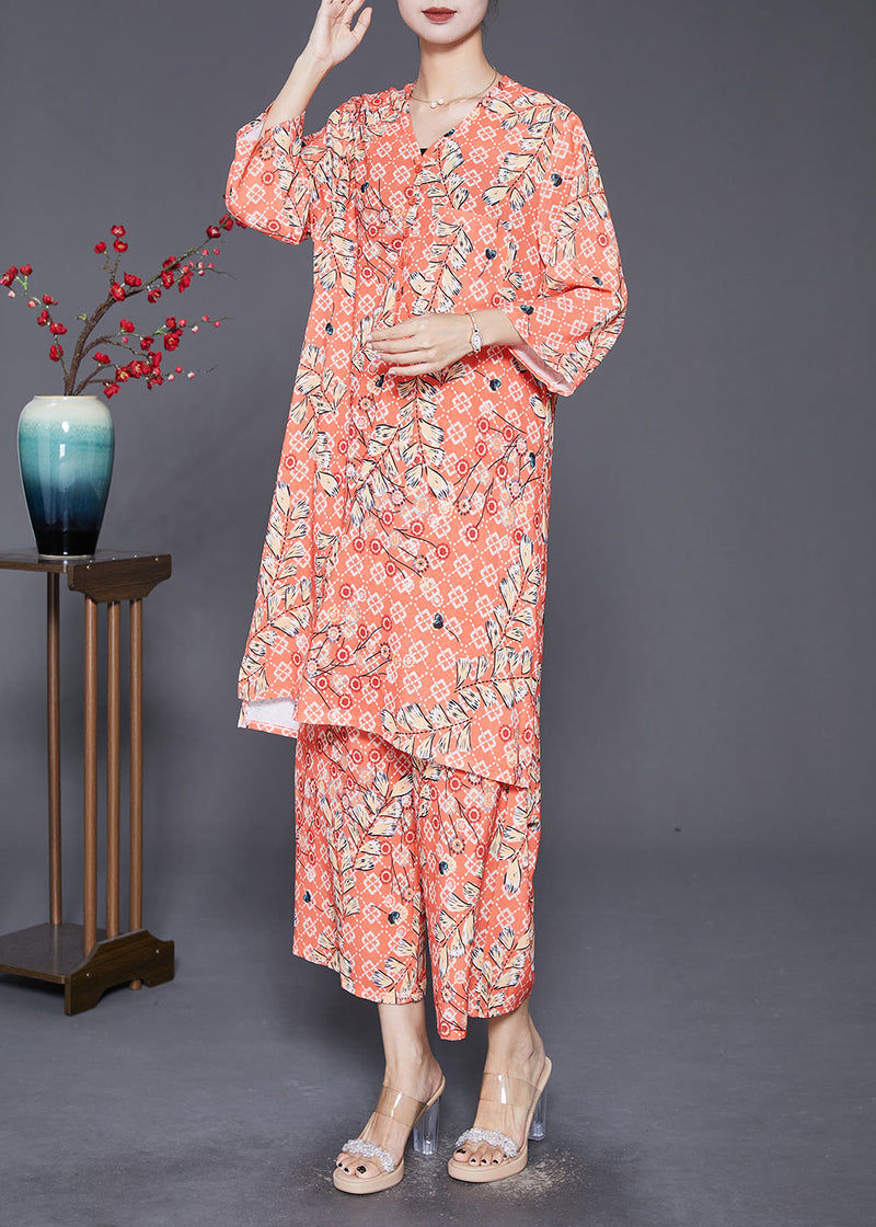 Orange V Neck Pring Cotton Two Piece Suit Set Fall
